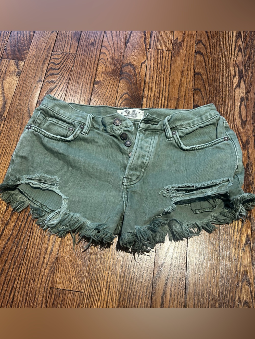 We The Free Olive Green Frayed Denim Cutoff Shorts